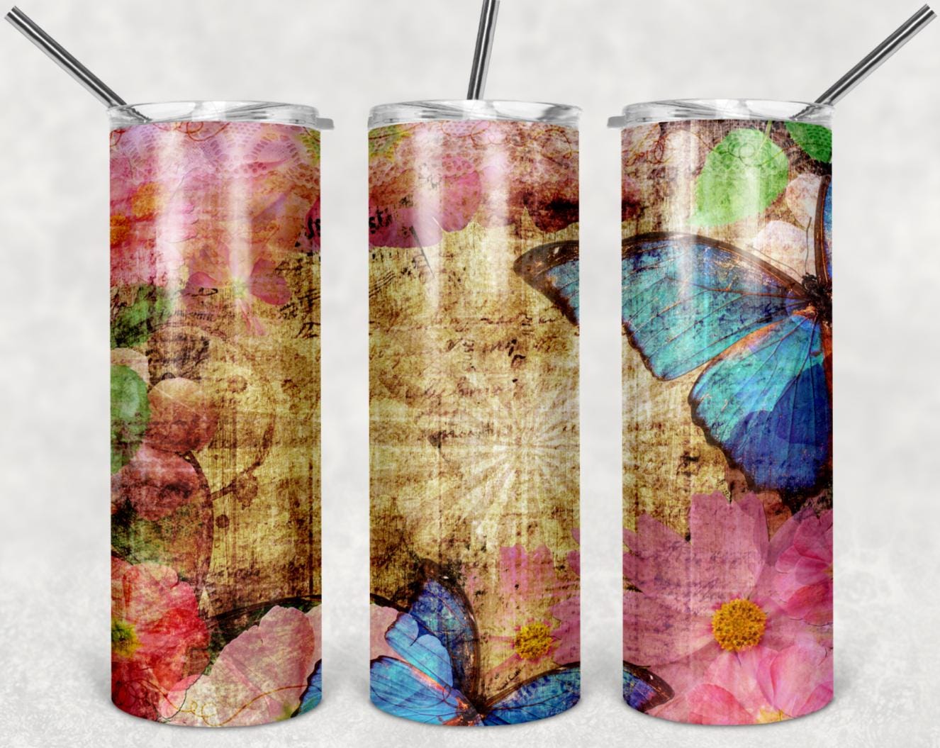 Vintage, Book, Floral, Butterfly, Stainless Steel, Tumbler, Drinkware