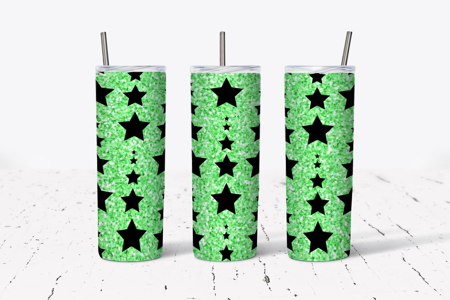 Green, Faux Glitter, Stars,  Stainless Steel, Tumbler, Drinkware