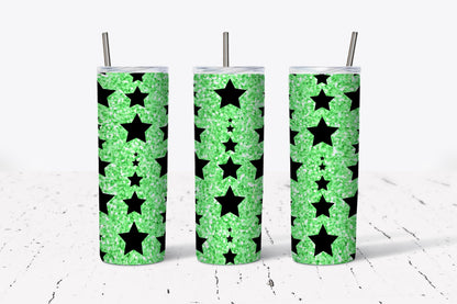 Green, Faux Glitter, Stars,  Stainless Steel, Tumbler, Drinkware