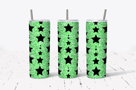 Green, Faux Glitter, Stars,  Stainless Steel, Tumbler, Drinkware