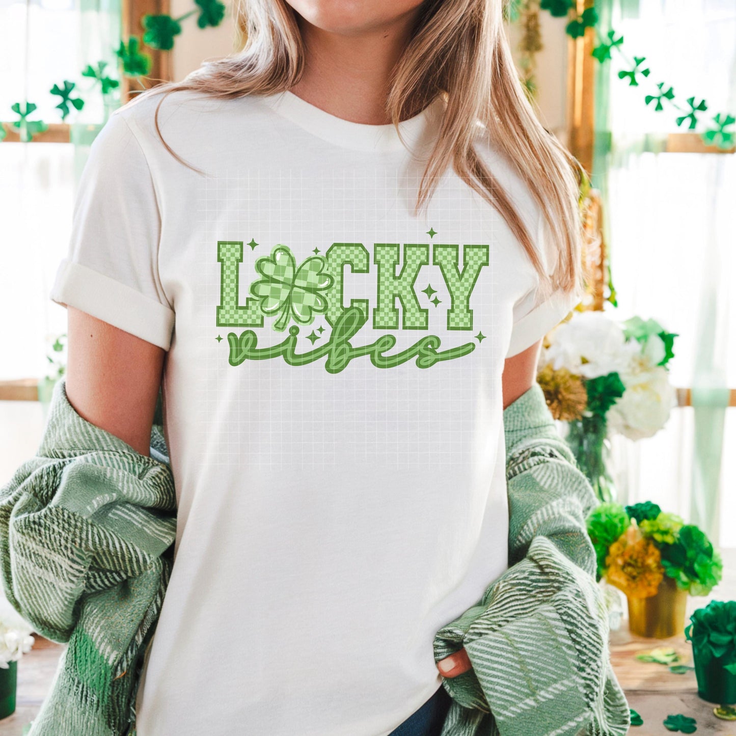 Lucky Vibes, Shamrock, Checkered, DTF Transfer