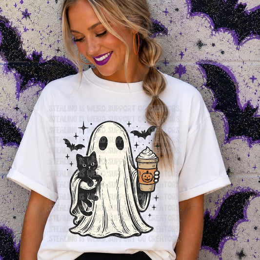 Coffee and Cat, Ghost, Halloween, DTF Transfer