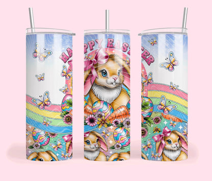 Happy Easter, Bunny, Pink, Spring, Stainless Steel, Tumbler, Drinkware