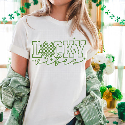 Lucky Vibes, Shamrock, Checkered, DTF Transfer