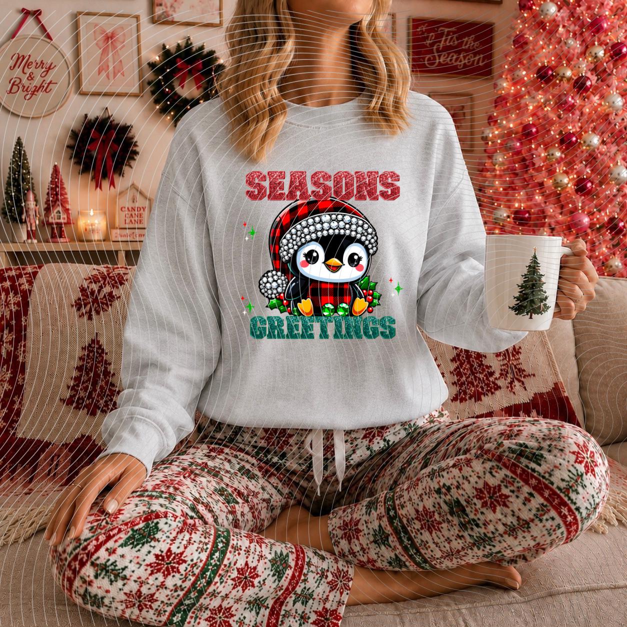 Seasons Greetings, Penguin, Christmas, DTF Transfer