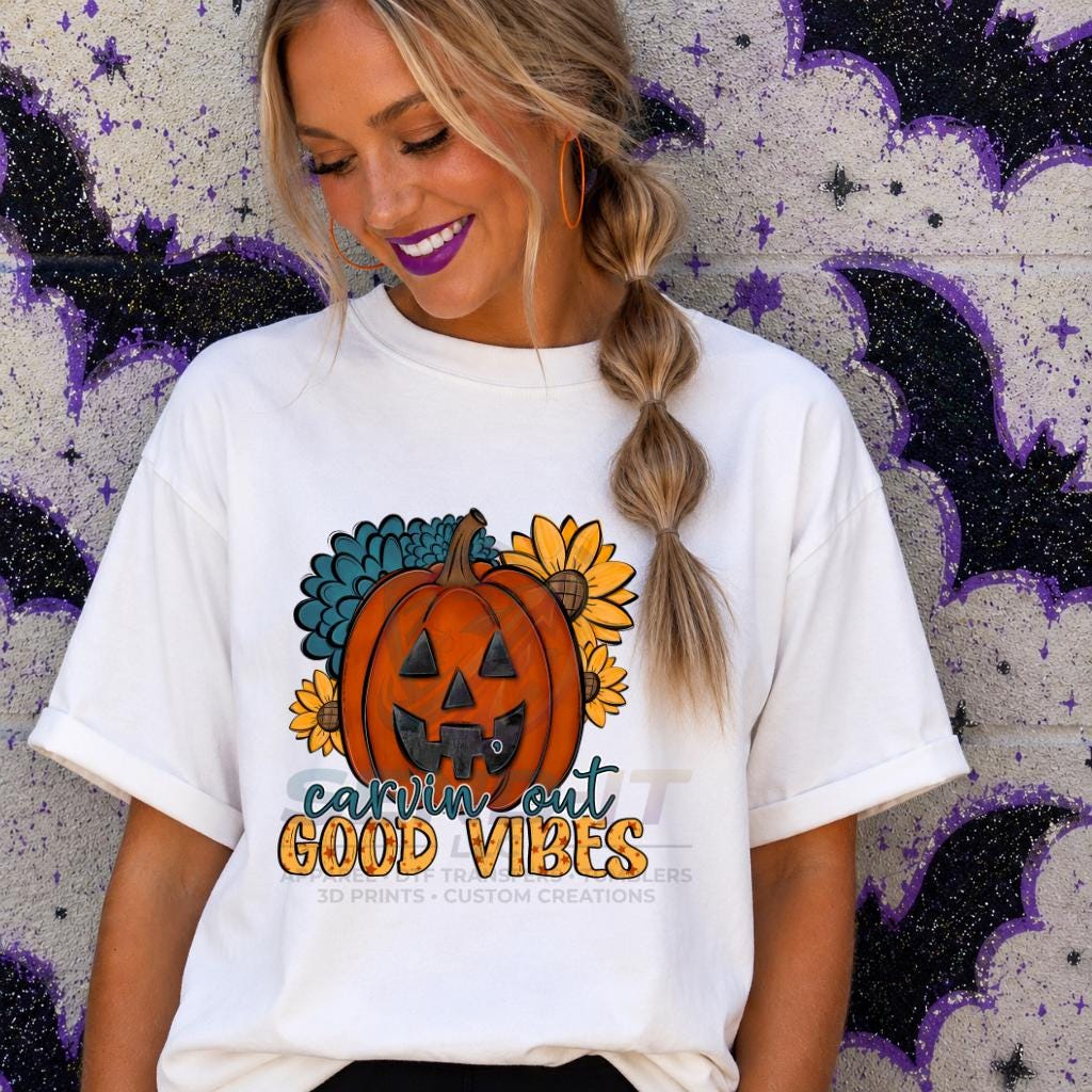 Carvin, Out Good Vibes, Halloween, Pumpkin, DTF Transfer