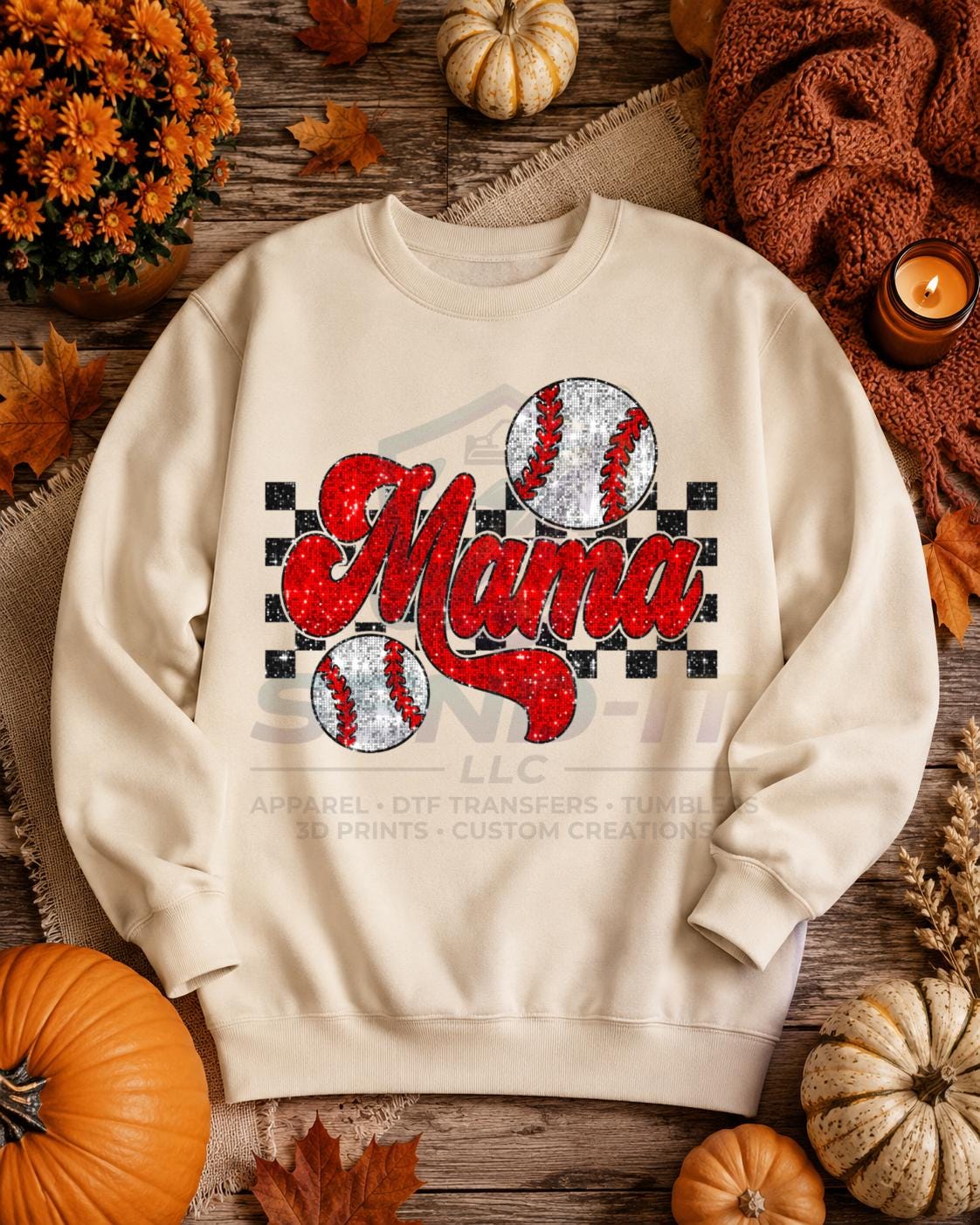 Glitter, Baseball, Mama, DTF Transfer