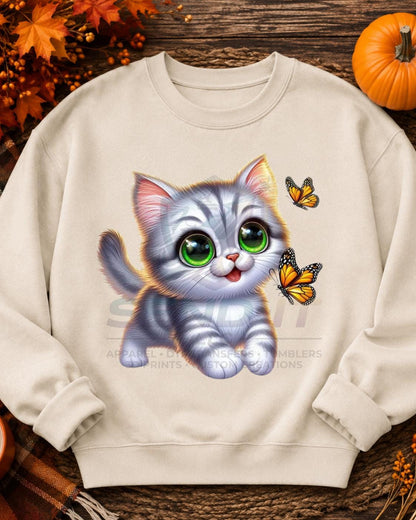 Cat, Butterflies, DTF Transfer